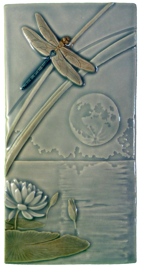 Dragonfly Moon, handcrafted art tile, stoneware.