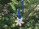 snowflake ornament with blue polkadot design